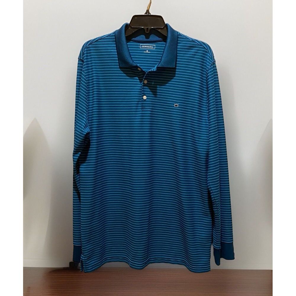 Crown & Ivy Shirt‎ Men's Size Med Blue Striped Long Sleeve Golf Polo Preppy